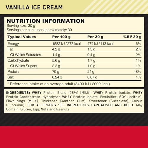 Optimum Nutrition Gold Standard 100% Whey Protein Powder, Vanilla Ice Cream, 2 Pound (Packaging May Vary)