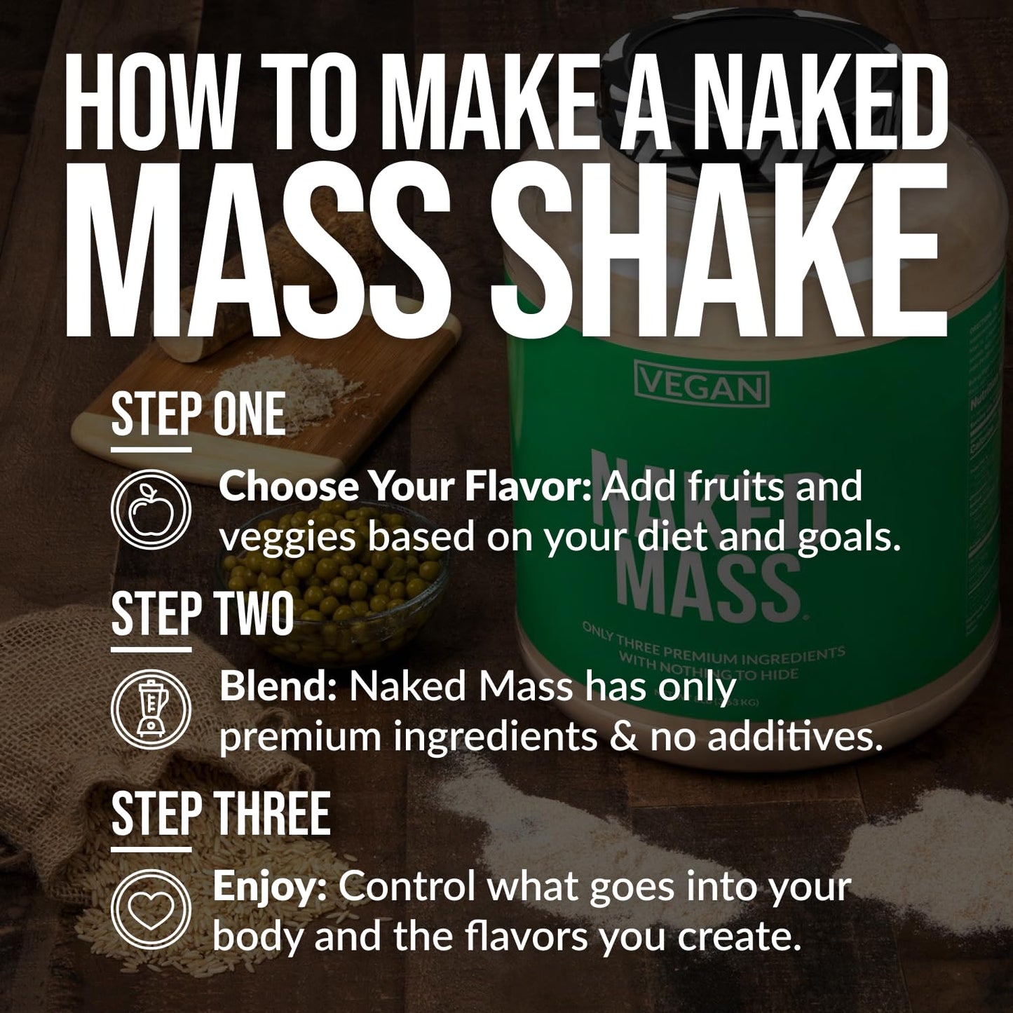 Double Chocolate Vegan Naked Mass - 1,260 Calories, 50G Protein, Nothing Artificial, All Natural Chocolate Weight Gainer Protein Powder - 8Lb Bulk, GMO Free, Gluten Free & Soy Free