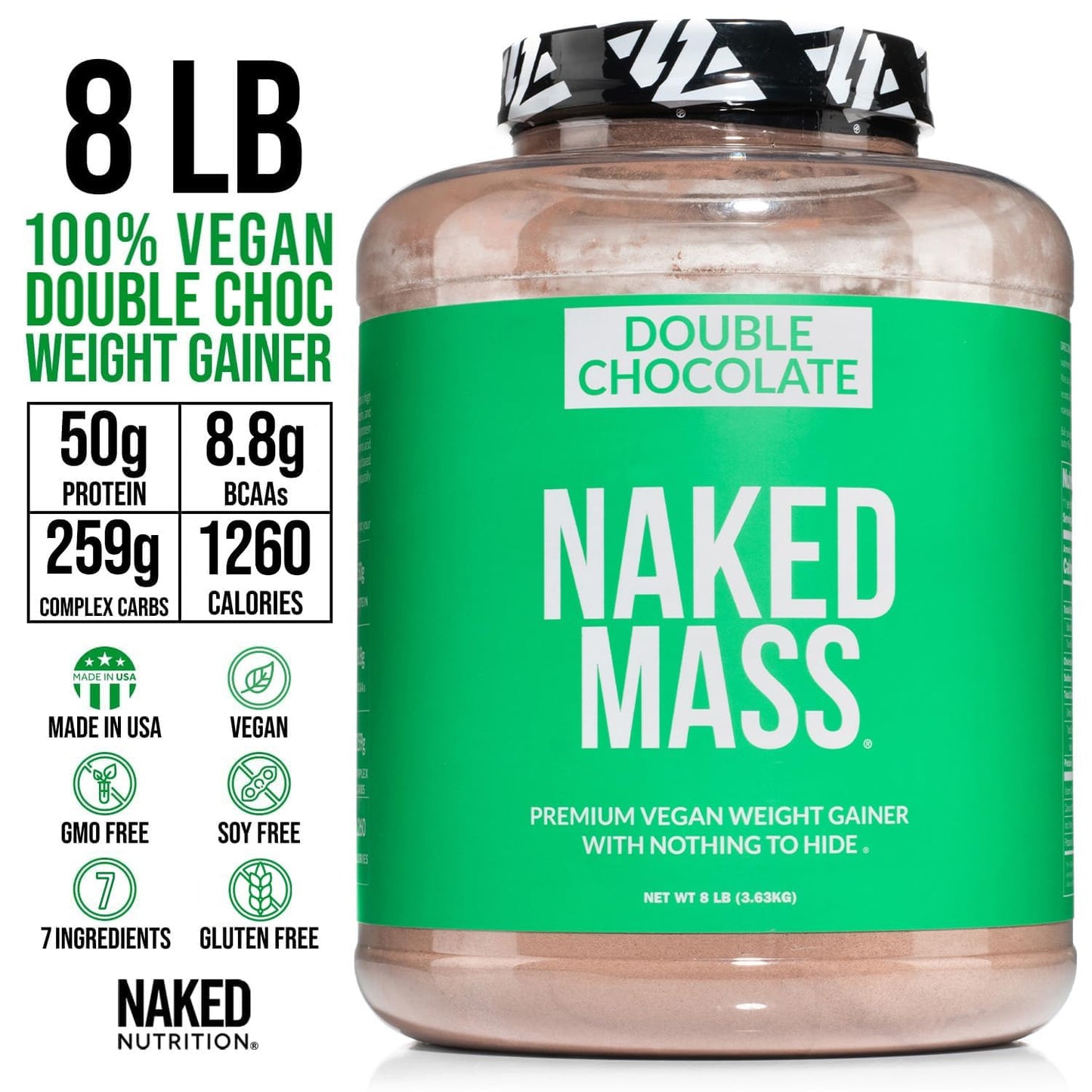 Double Chocolate Vegan Naked Mass - 1,260 Calories, 50G Protein, Nothing Artificial, All Natural Chocolate Weight Gainer Protein Powder - 8Lb Bulk, GMO Free, Gluten Free & Soy Free