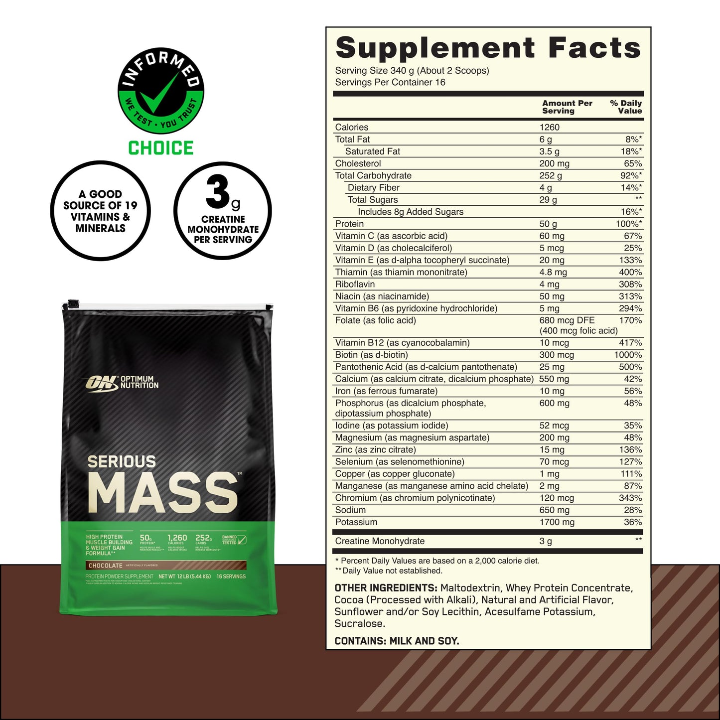 Optimum Nutrition Serious Mass, Weight Gainer Protein Powder, Mass Gainer, Vitamin C and Zinc for Immune Support, Creatine, Chocolate, 12 Pound (Packaging May Vary)