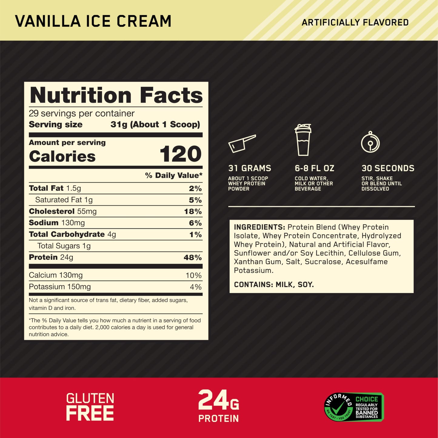 Optimum Nutrition Gold Standard 100% Whey Protein Powder, Vanilla Ice Cream, 2 Pound (Packaging May Vary)