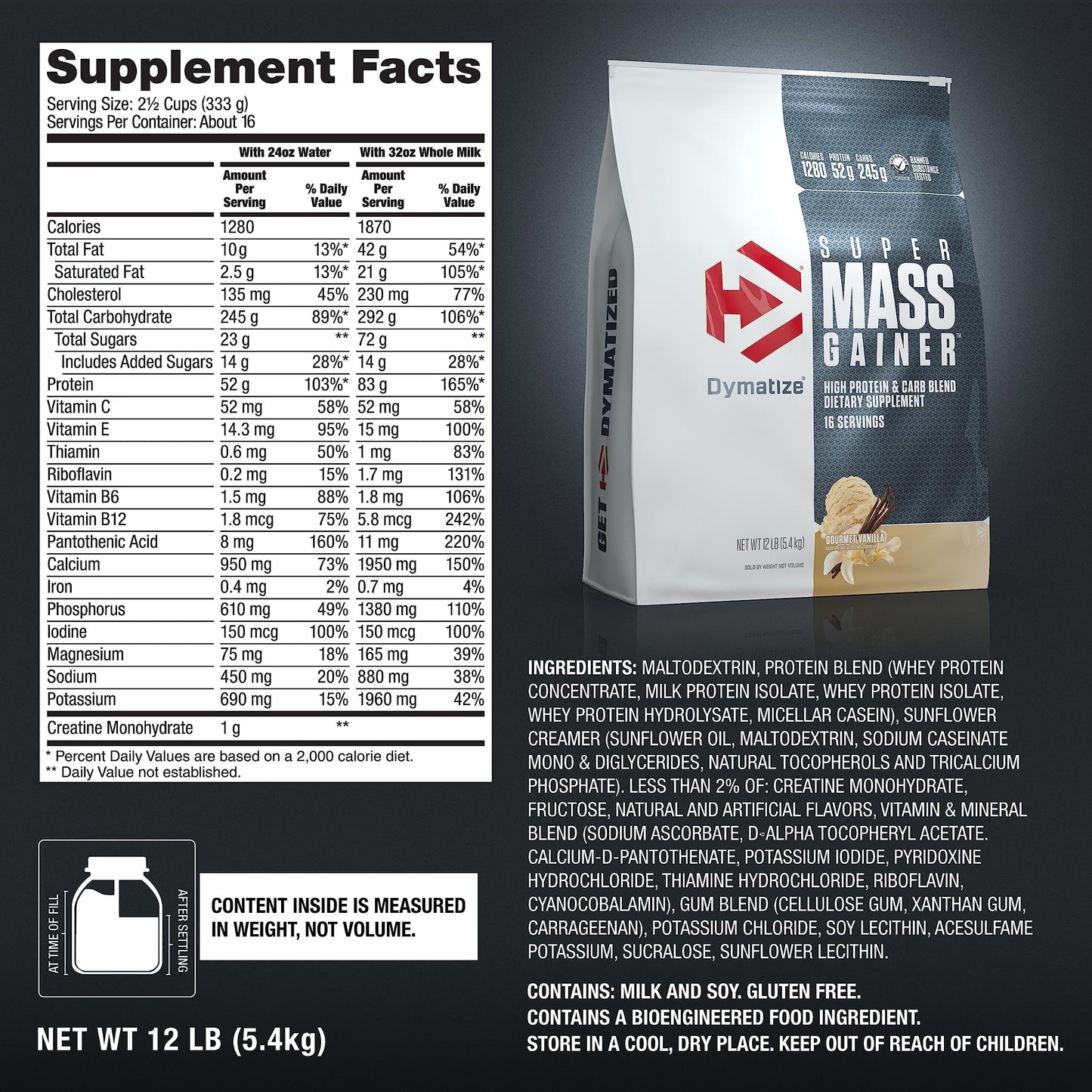 Dymatize Super Mass Gainer Protein Powder, 1280 Calories & 52g Protein, 10.7g BCAAs, Mixes Easily, Tastes Delicious, Gourmet Vanilla, 12 lbs